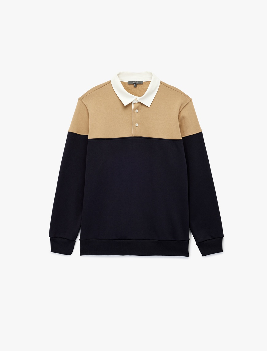   Uzun Kollu Şardonlu Renk Bloklu Polo Yaka Sweatshirt