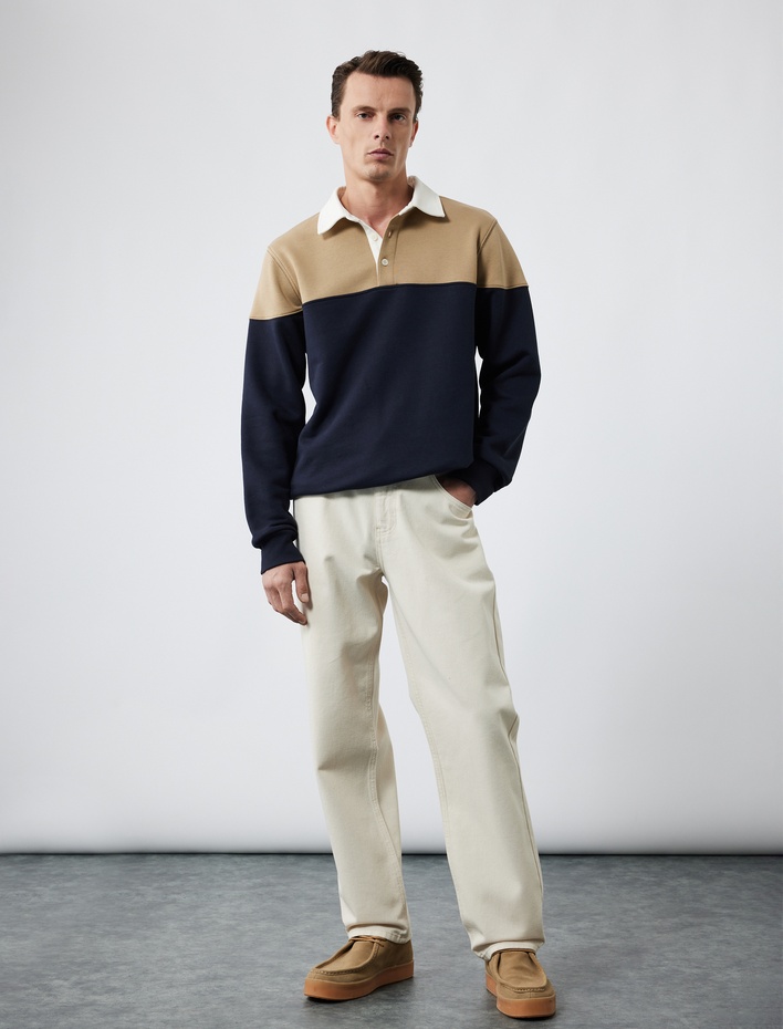  Uzun Kollu Şardonlu Renk Bloklu Polo Yaka Sweatshirt
