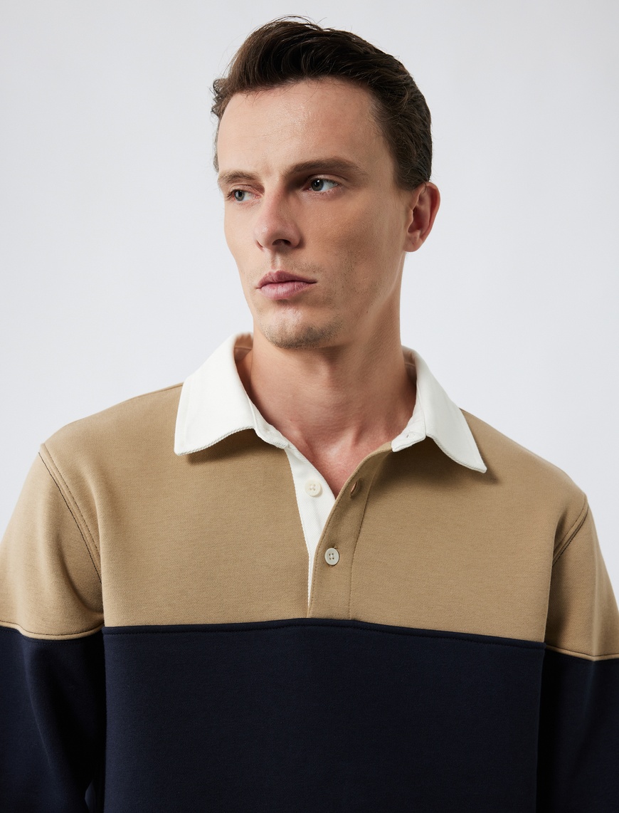   Uzun Kollu Şardonlu Renk Bloklu Polo Yaka Sweatshirt