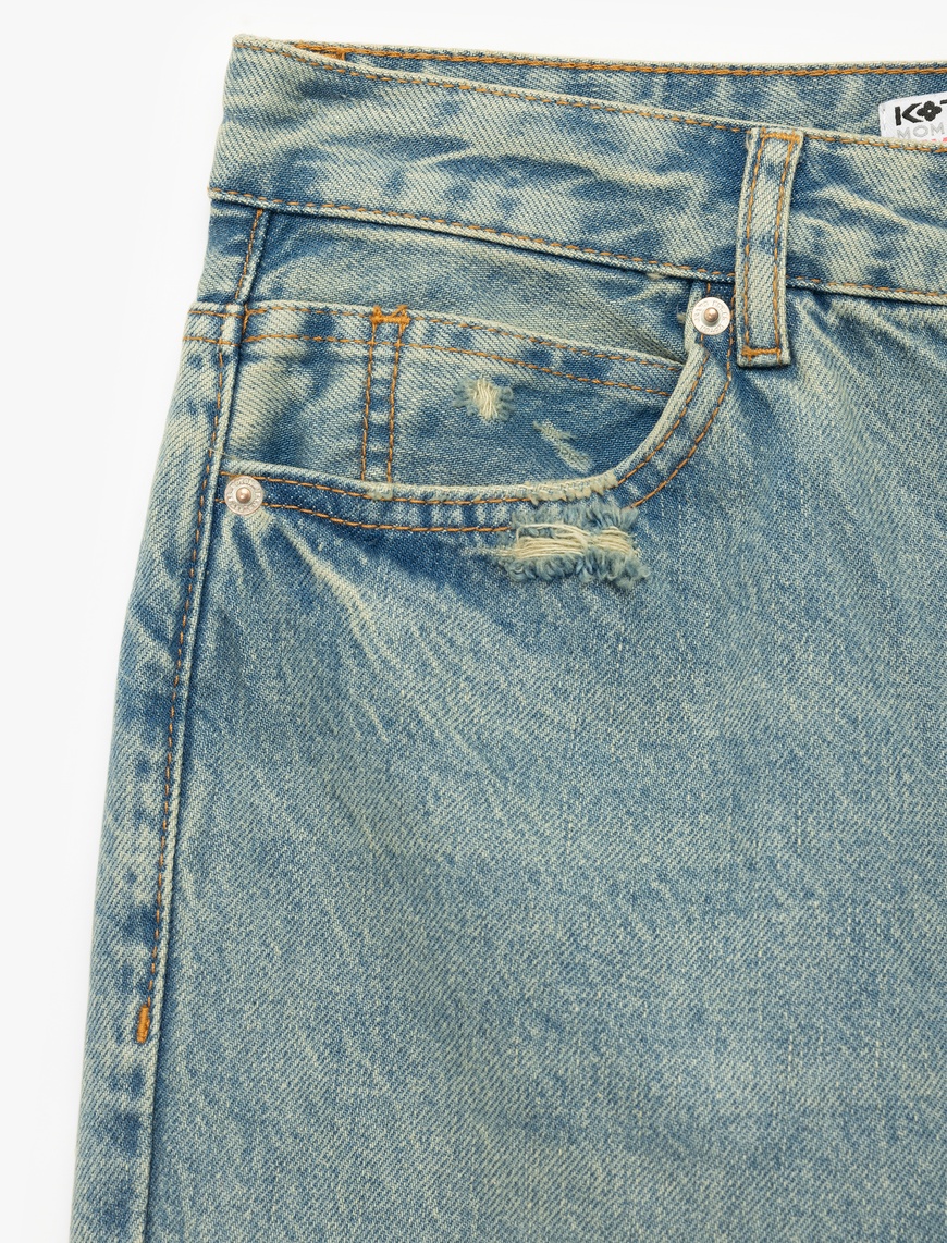   Yüksek Bel Rahat Kalıp Yıpratılmış Zincir Detaylı Mom Jean Pantolon - Mom Slim Jean
