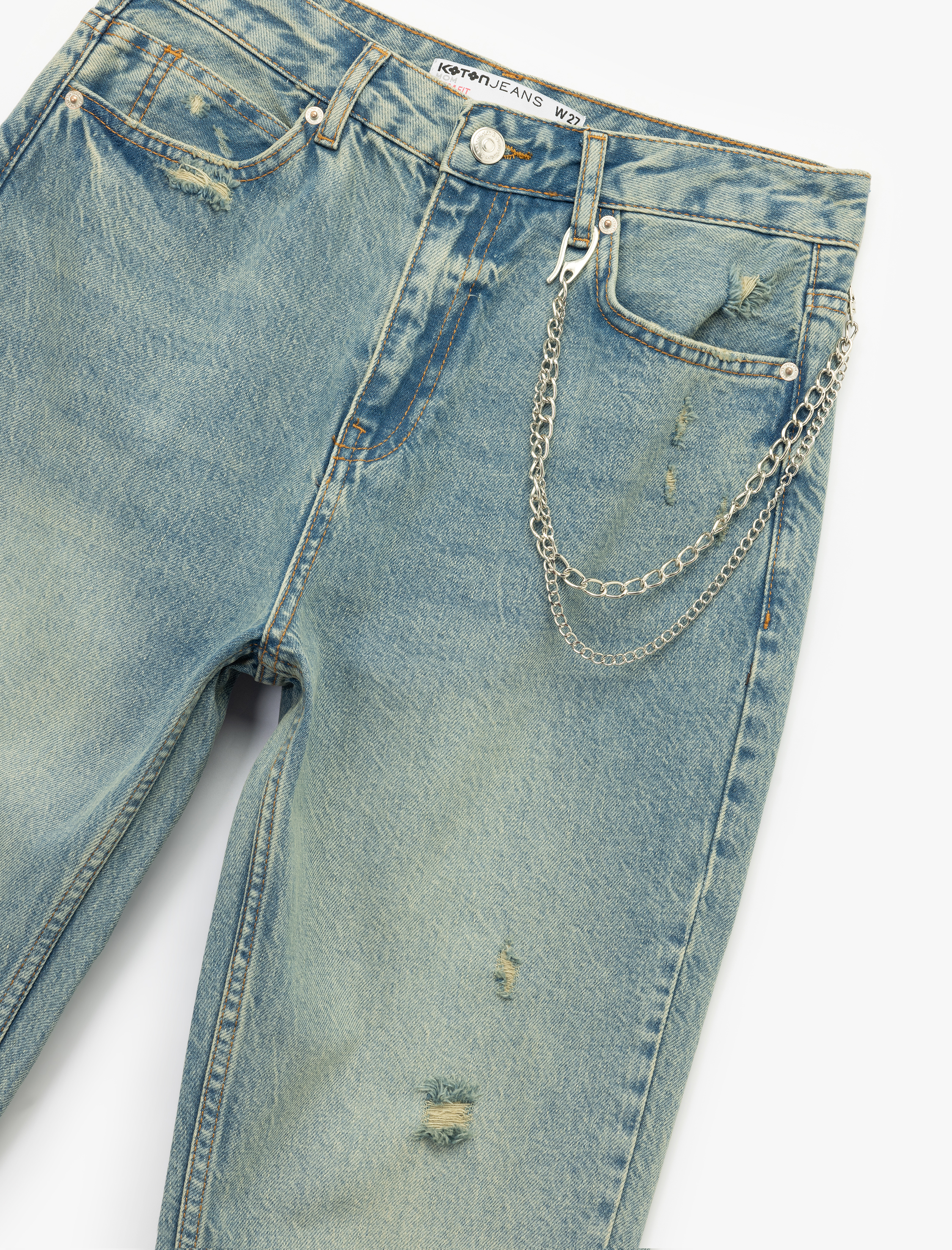   Yüksek Bel Rahat Kalıp Yıpratılmış Zincir Detaylı Mom Jean Pantolon - Mom Slim Jean