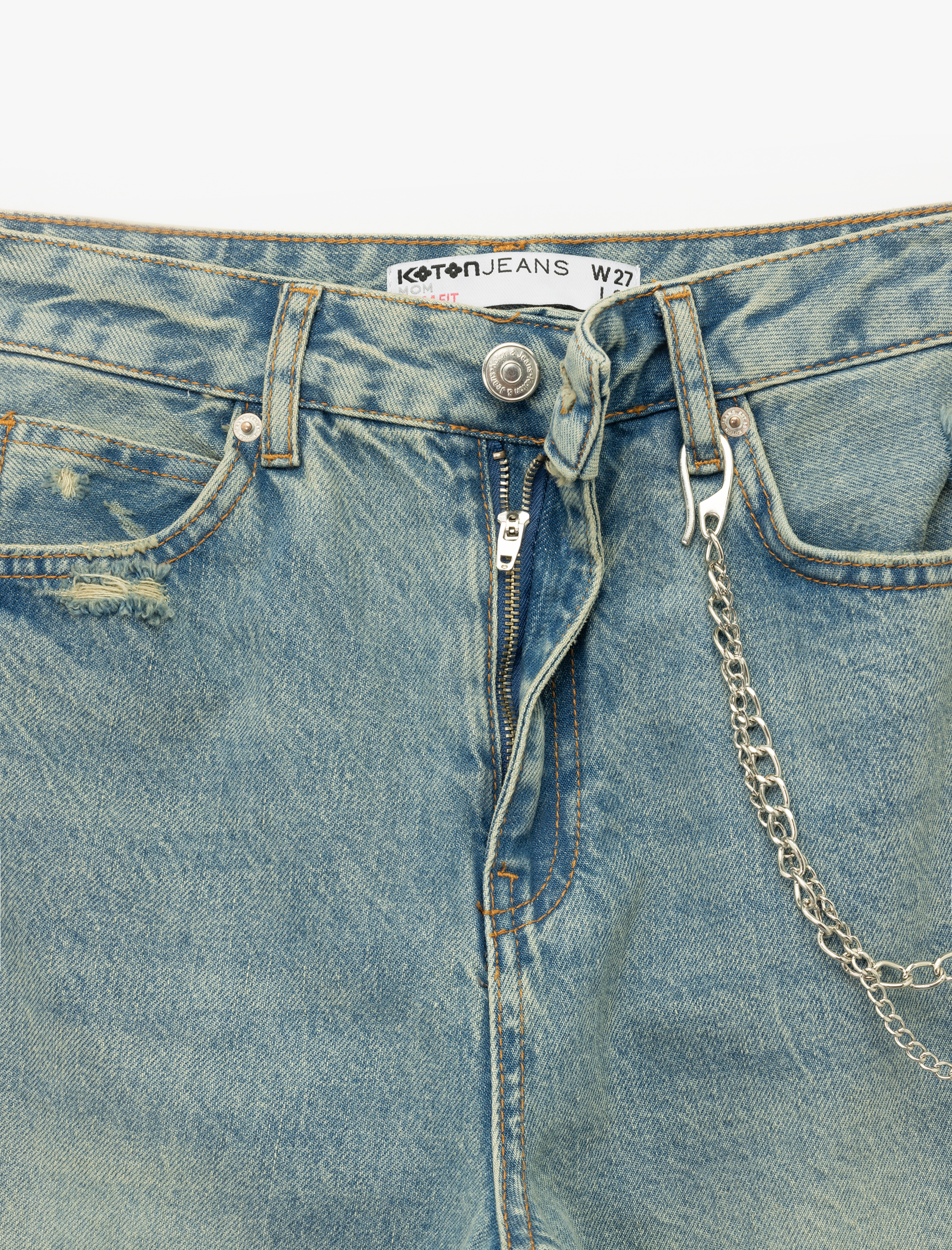   Yüksek Bel Rahat Kalıp Yıpratılmış Zincir Detaylı Mom Jean Pantolon - Mom Slim Jean