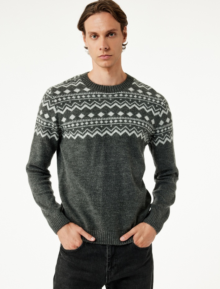  Uzun Kollu Bisiklet Yaka Desenli Triko Kazak