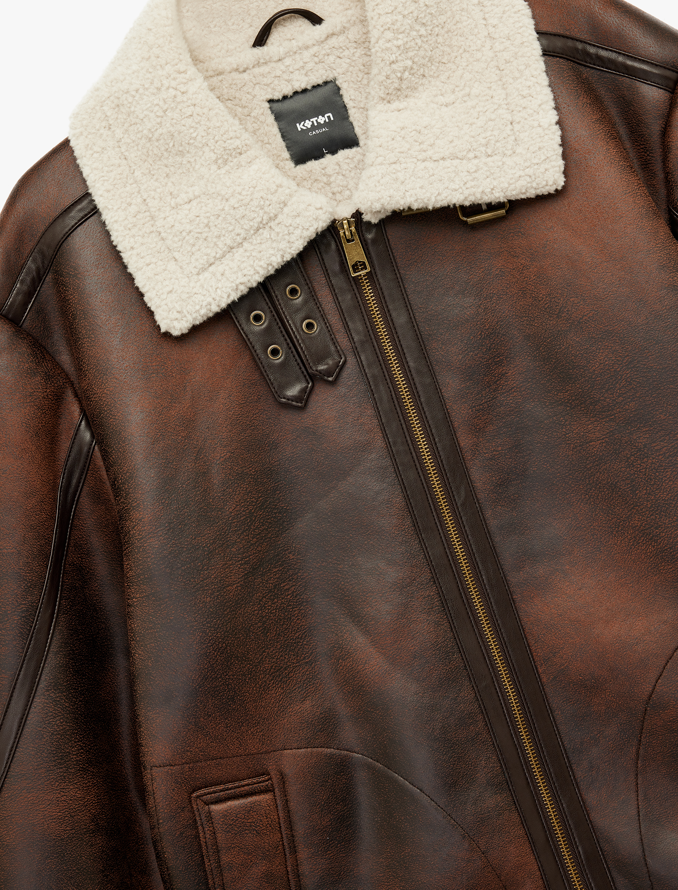   Peluş Yaka Uzun Kollu Cep Detaylı Fermuarlı Kışlık Suni Deri Ceket