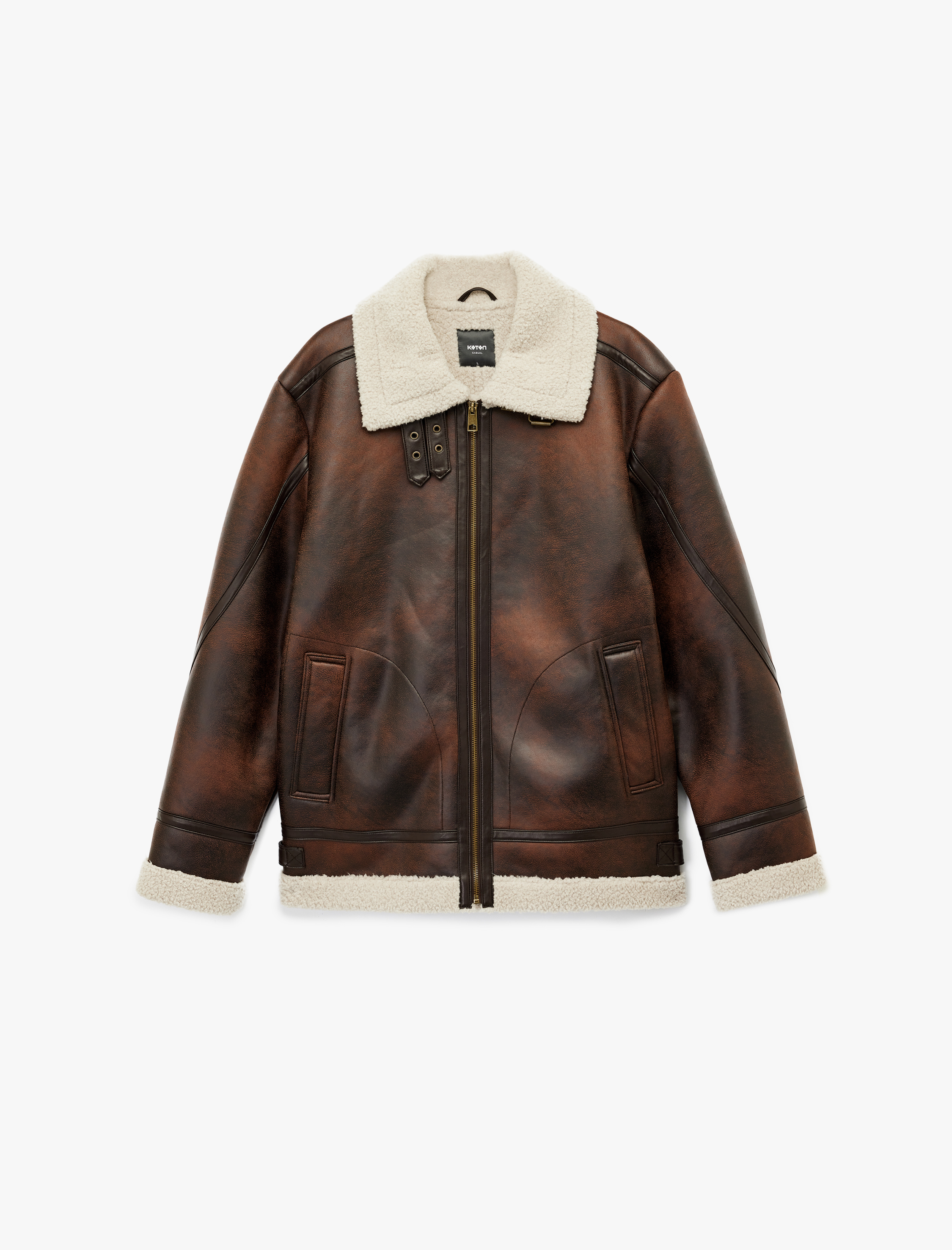   Peluş Yaka Uzun Kollu Cep Detaylı Fermuarlı Kışlık Suni Deri Ceket