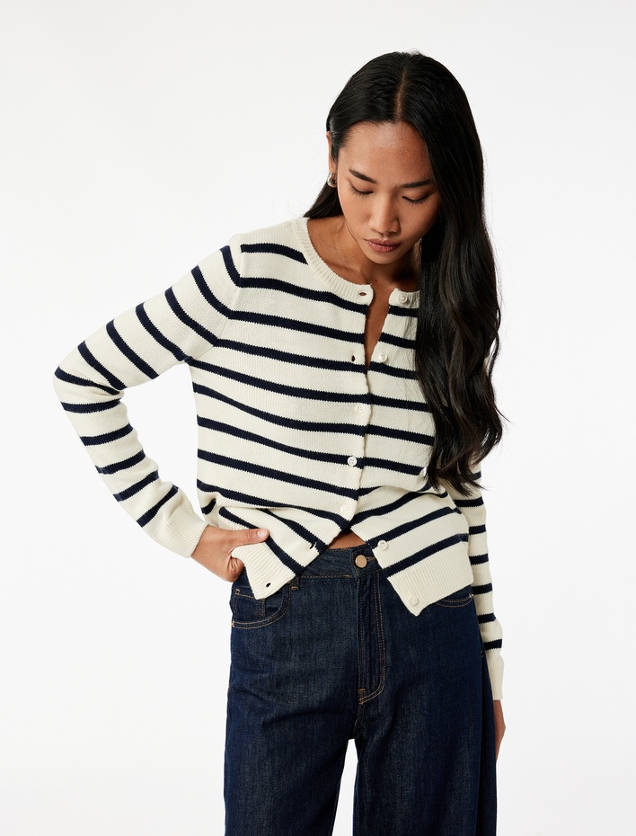  Uzun Kollu Düğmeli Bisiklet Yaka Çizgili Triko Hırka