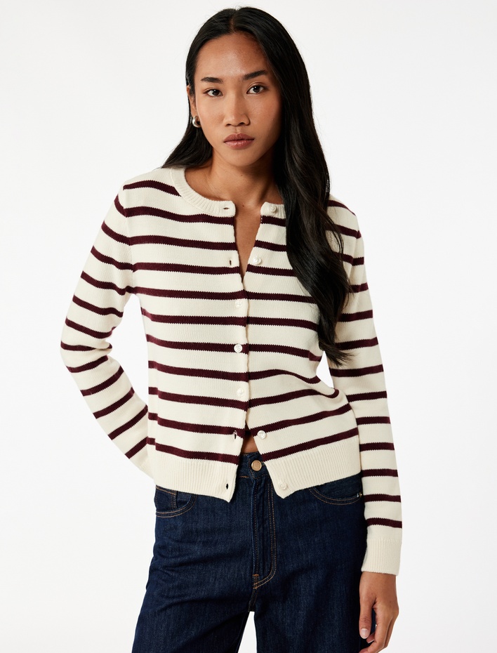  Uzun Kollu Düğmeli Bisiklet Yaka Çizgili Triko Hırka