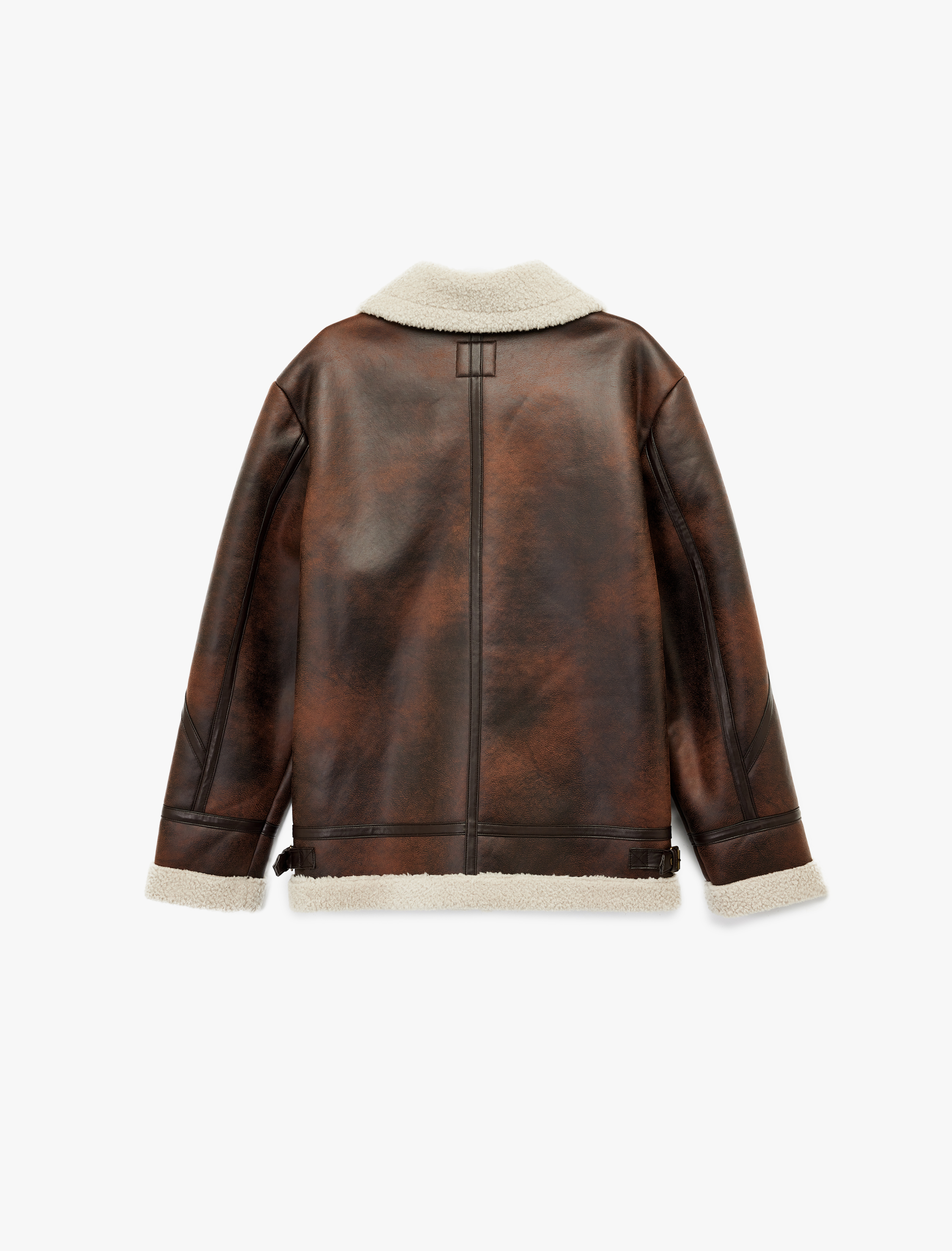   Peluş Yaka Uzun Kollu Cep Detaylı Fermuarlı Kışlık Suni Deri Ceket