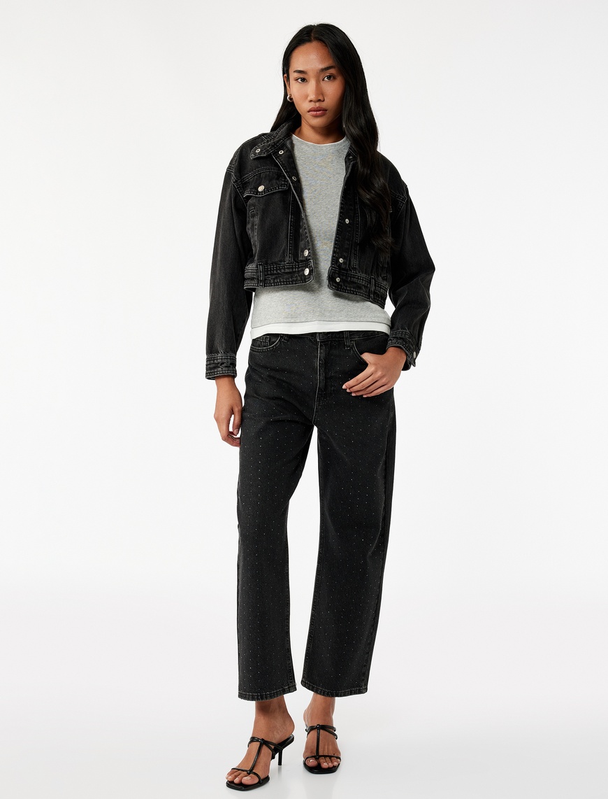   Taş Detaylı Straight Fit Düz Paça Jean Pantolon - Straight Jeans