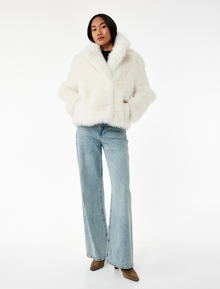  Kruvaze Yaka Uzun Kollu Kısa Suni Kürk Kaban