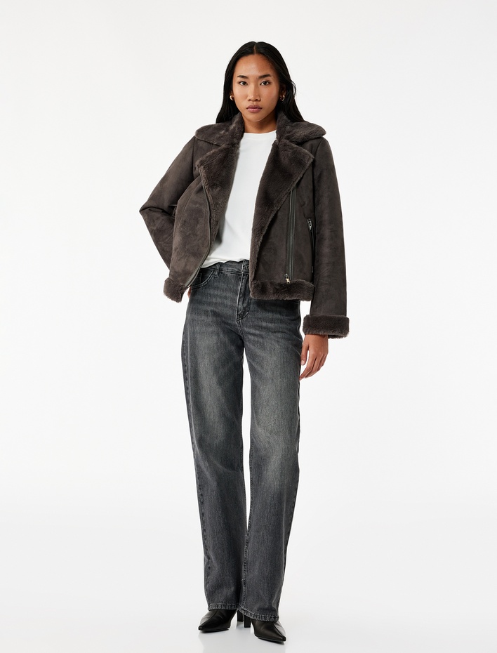  Cepli Fermuarlı Uzun Kollu Peluş Yaka Süet Görünümlü Crop Biker Ceket