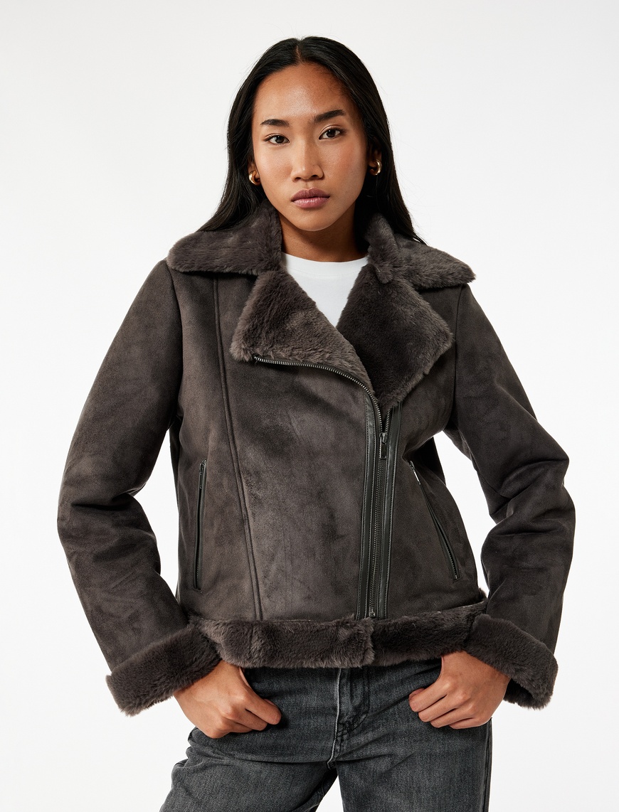   Cepli Fermuarlı Uzun Kollu Peluş Yaka Süet Görünümlü Crop Biker Ceket