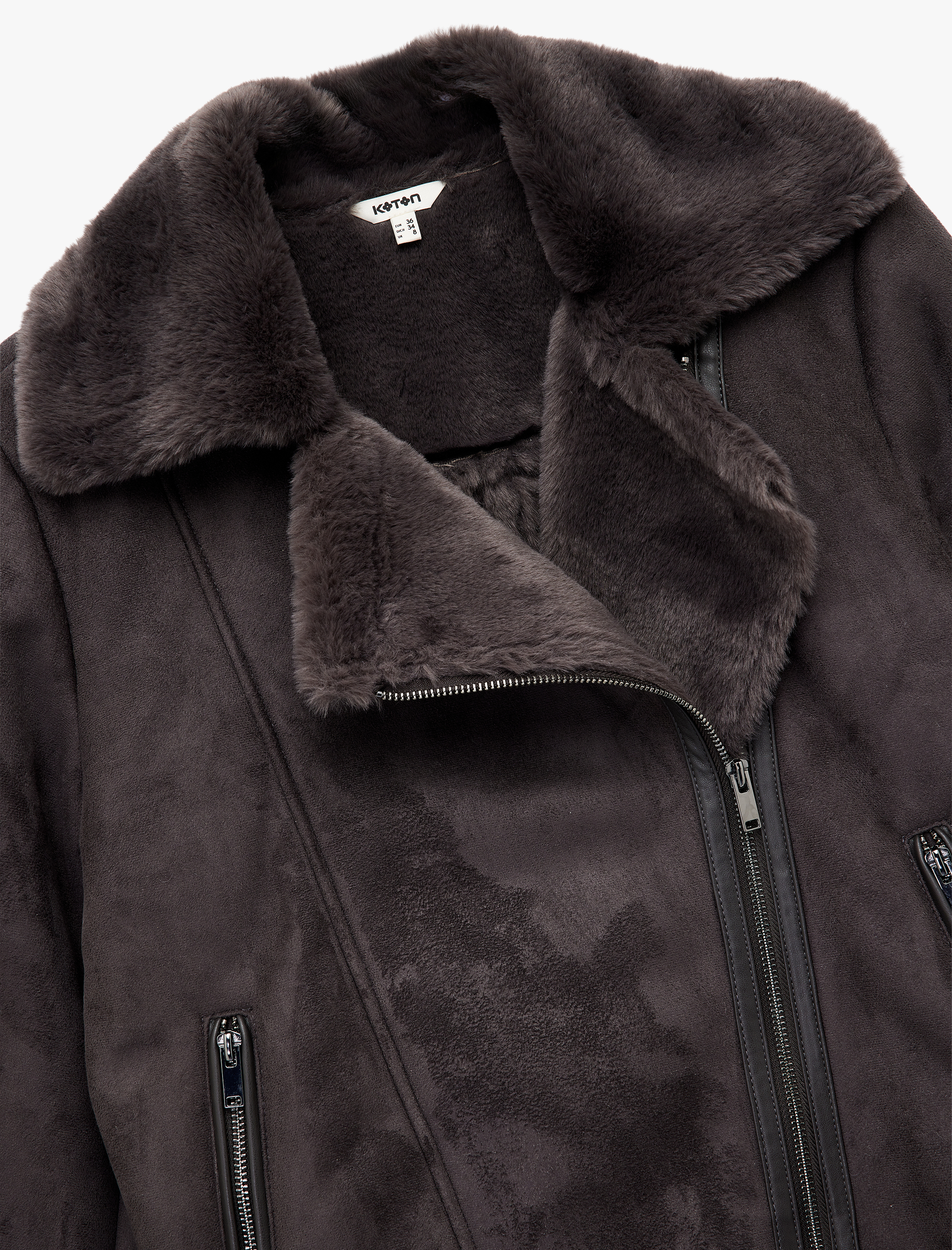   Cepli Fermuarlı Uzun Kollu Peluş Yaka Süet Görünümlü Crop Biker Ceket