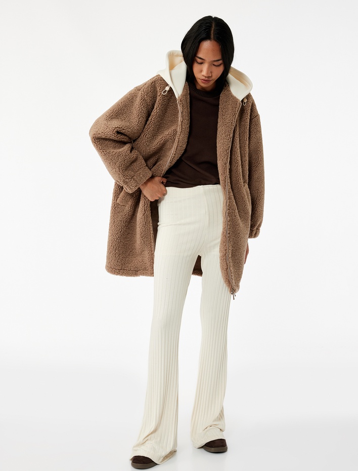  Uzun Kollu Fermuarlı Kapüşonlu Oversize Peluş Mont