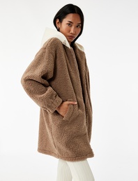 Uzun Kollu Fermuarlı Kapüşonlu Oversize Peluş Mont