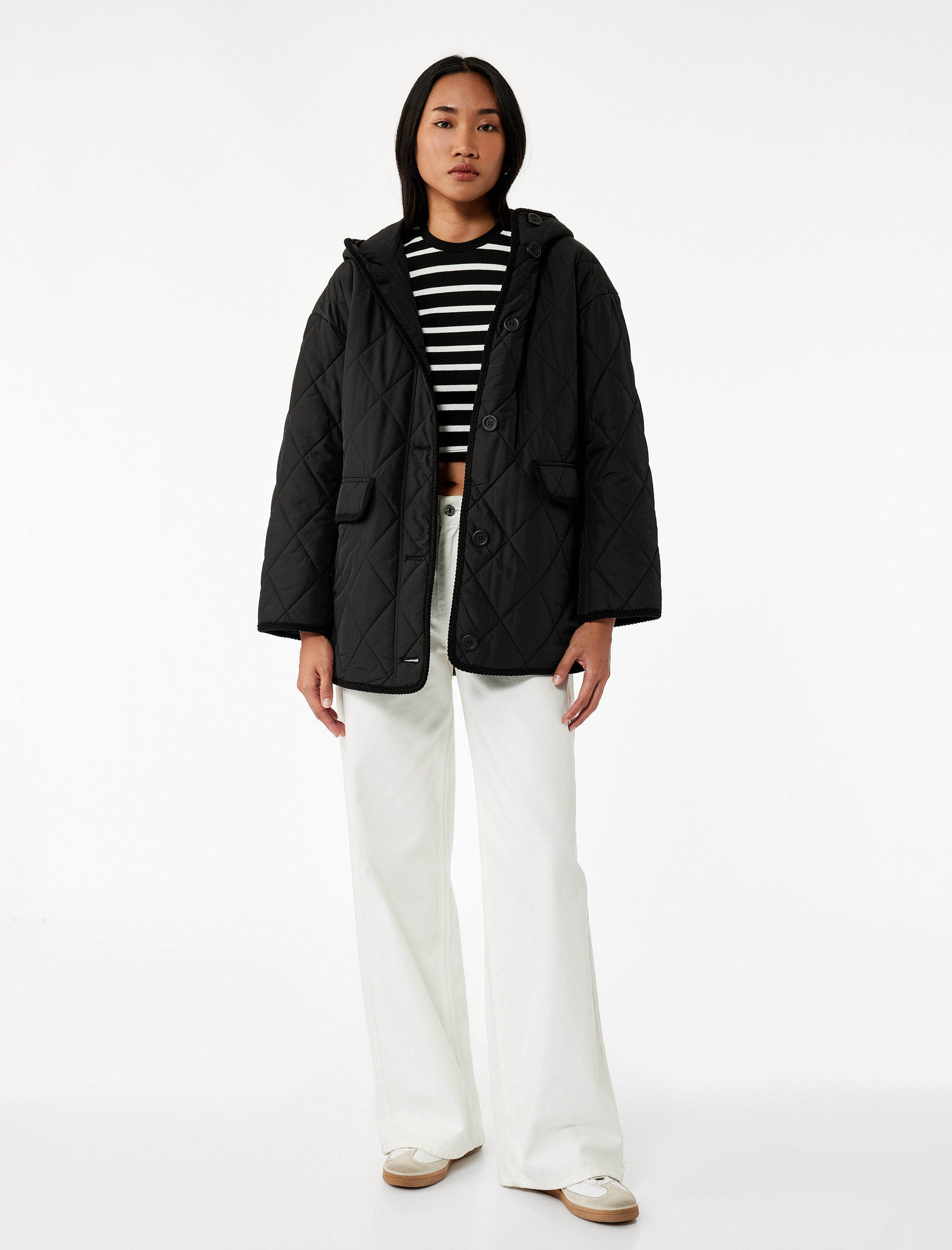   Uzun Kollu Düğmeli Cepli Kapüşonlu Kapitone Mont