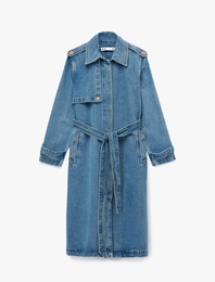 Rahat Kalıp Düğmeli Kemerli Uzun Denim Trençkot