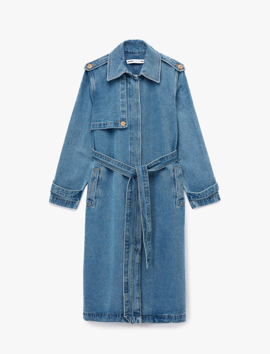   Rahat Kalıp Düğmeli Kemerli Uzun Denim Trençkot