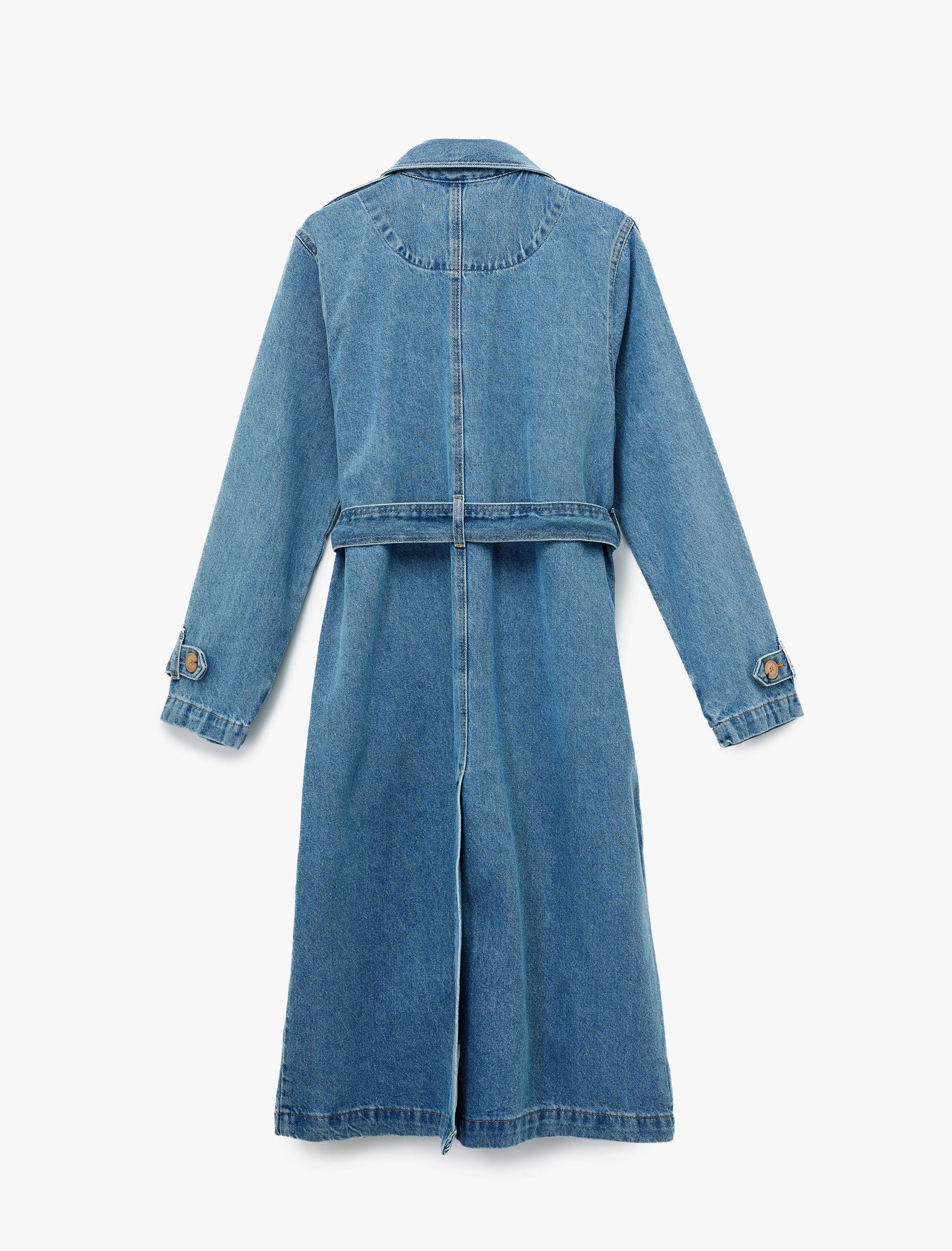Rahat Kalıp Düğmeli Kemerli Uzun Denim Trençkot
