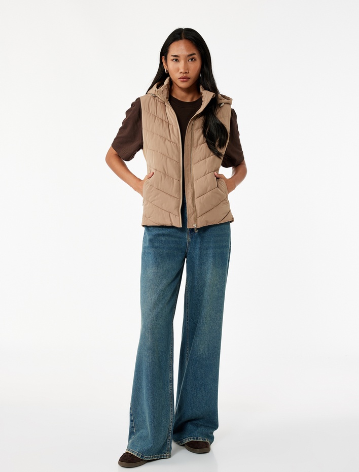  Rahat Kalıp Kolsuz Cepli Fermuarlı Kapüşonlu Şişme Yelek