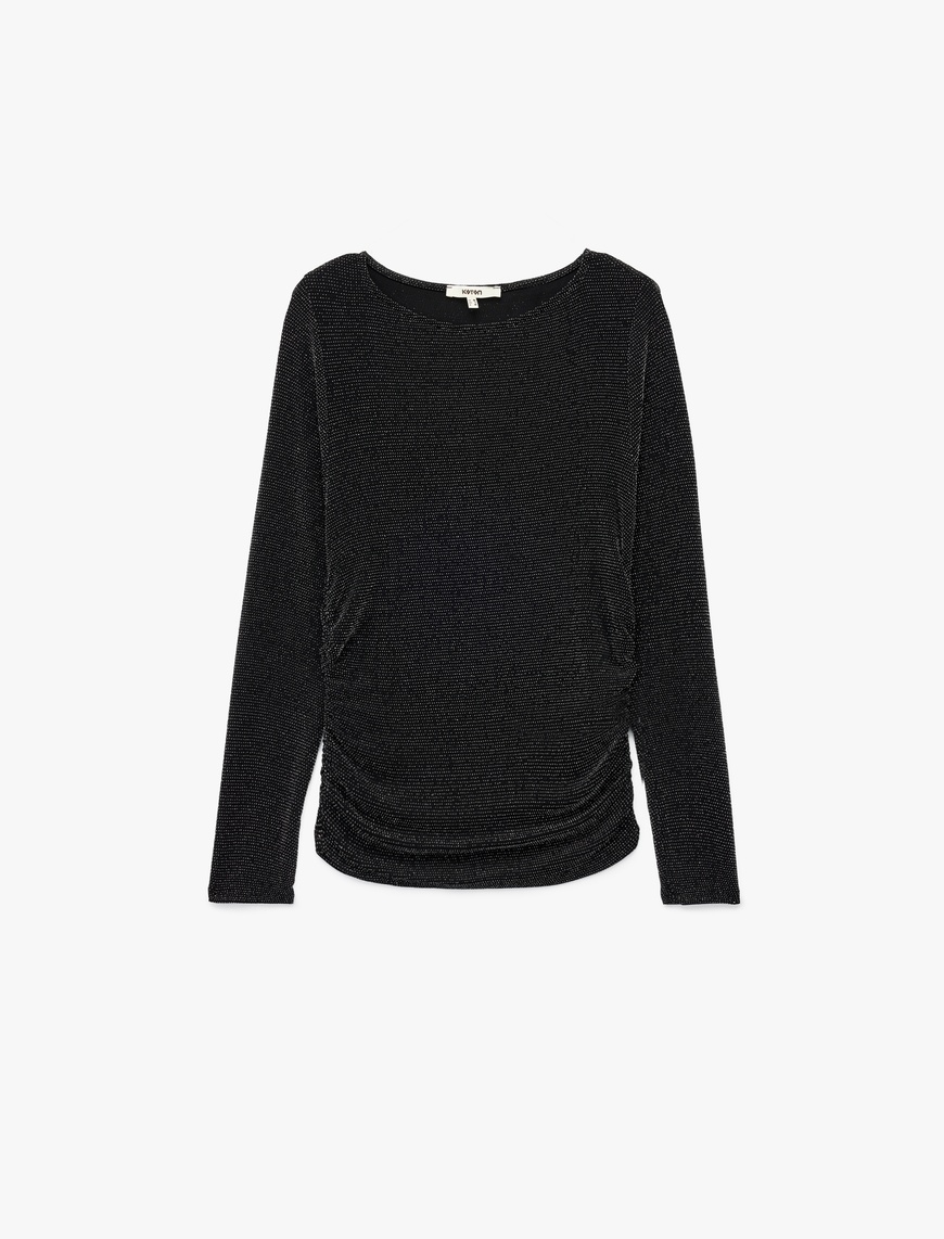   Slim Fit Uzun Kollu Yuvarlak Kayık Yaka Simli Tişört