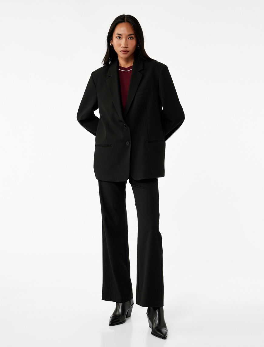   Düğmeli Cepli Straight Fit Düz Bol Paça Kumaş Pantolon