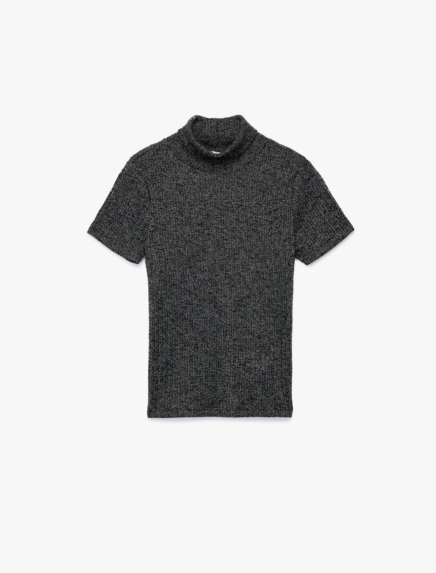   Slim Fit Kaşkorse Simli Balıkçı Yaka Kısa Kollu Tişört