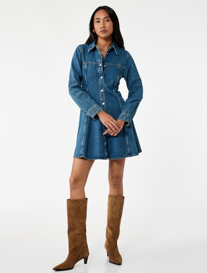  Pamuklu Uzun Kollu Klasik Yaka Düğmeli Volanlı Mini Denim Elbise
