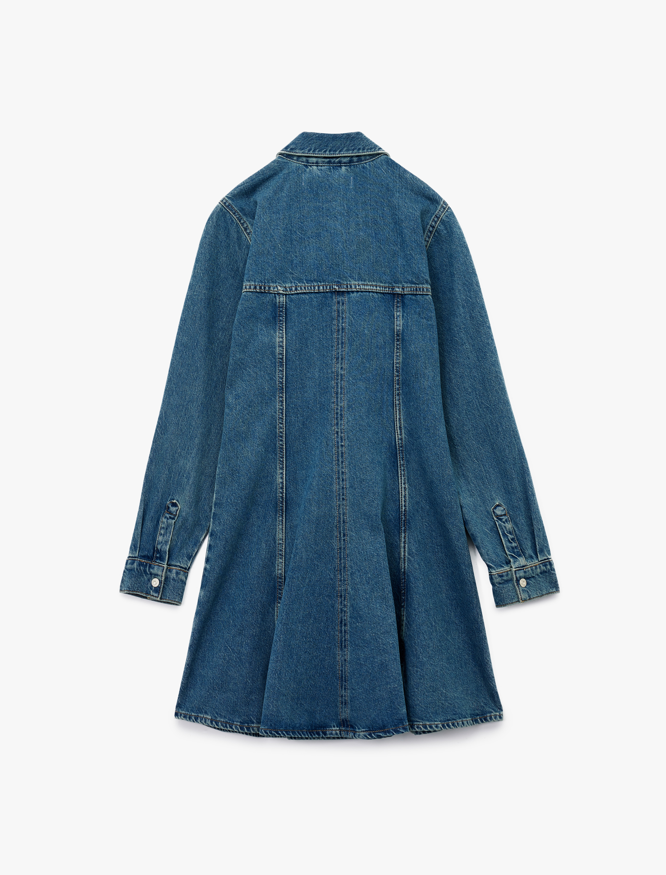   Pamuklu Uzun Kollu Klasik Yaka Düğmeli Volanlı Mini Denim Elbise