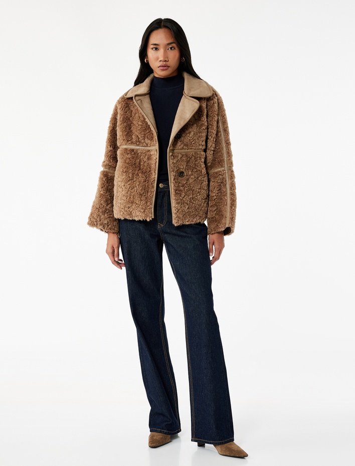  Suni Deri Yaka Detaylı Uzun Kollu Düğmeli Süet Astarlı Peluş Kaban