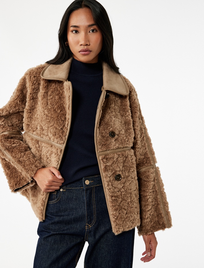  Suni Deri Yaka Detaylı Uzun Kollu Düğmeli Süet Astarlı Peluş Kaban