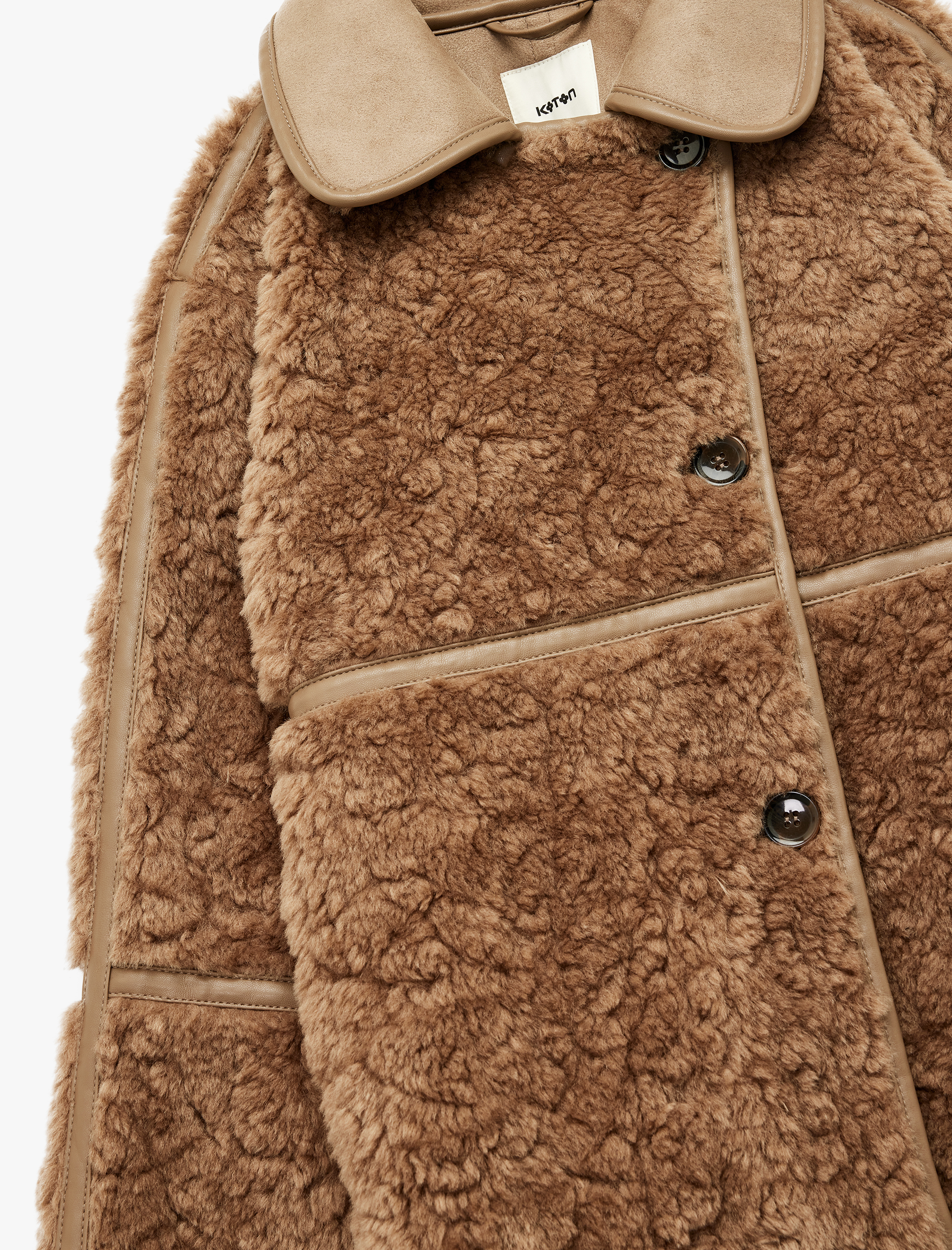 Suni Deri Yaka Detaylı Uzun Kollu Düğmeli Süet Astarlı Peluş Kaban