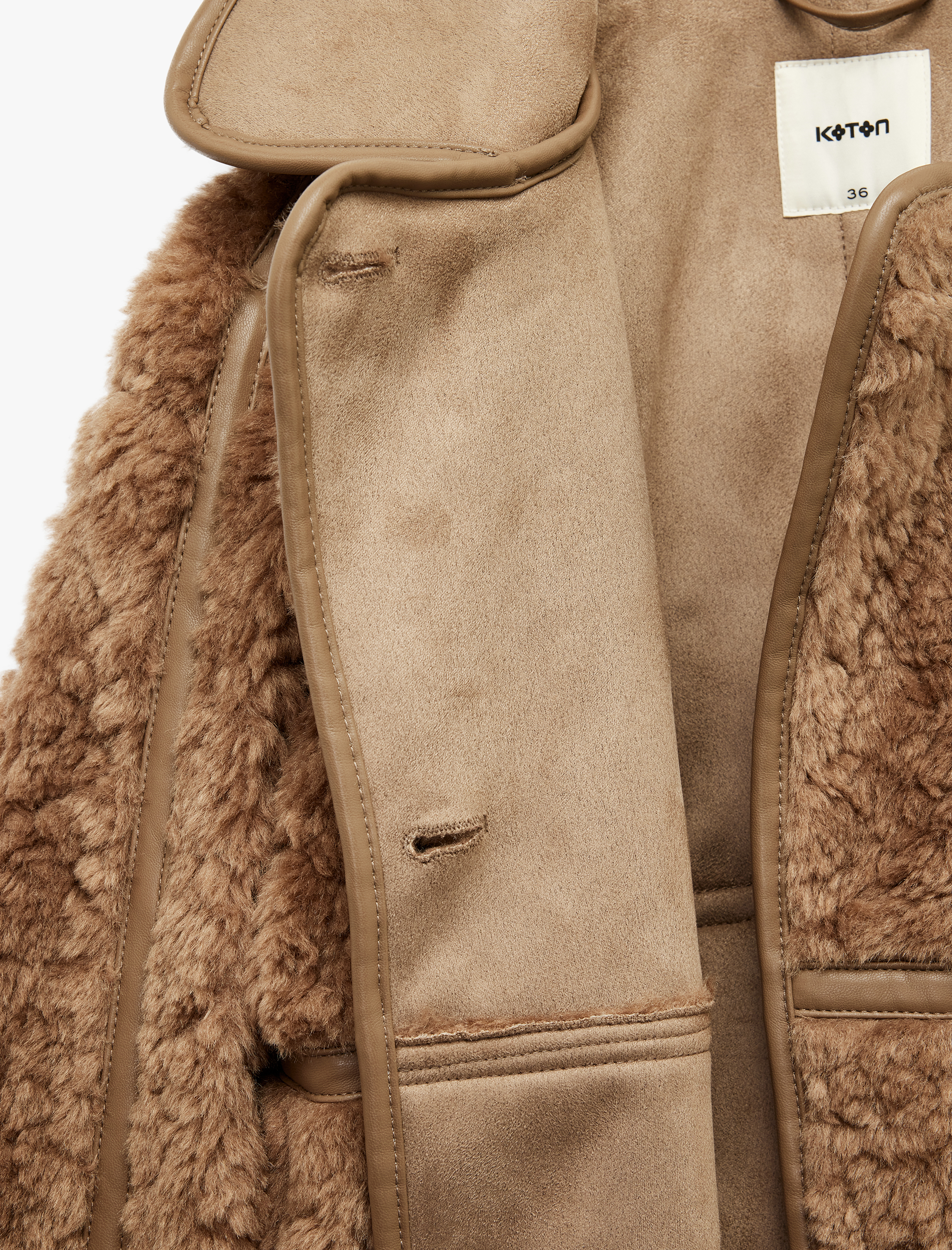 Suni Deri Yaka Detaylı Uzun Kollu Düğmeli Süet Astarlı Peluş Kaban