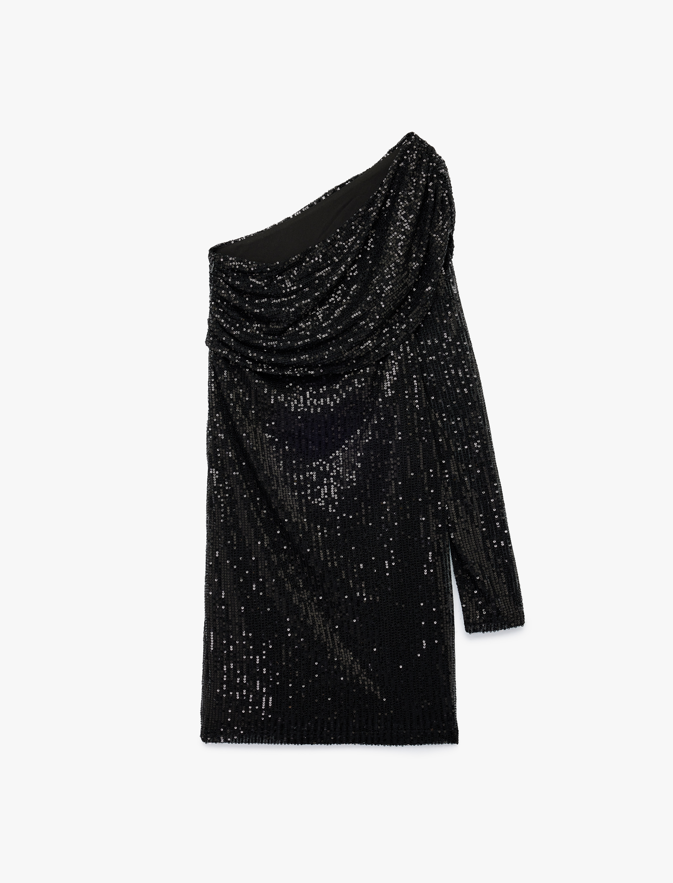   Pullu Payetli Yakası Dökümlü Uzun Kollu Tek Omuz Mini Abiye Elbise