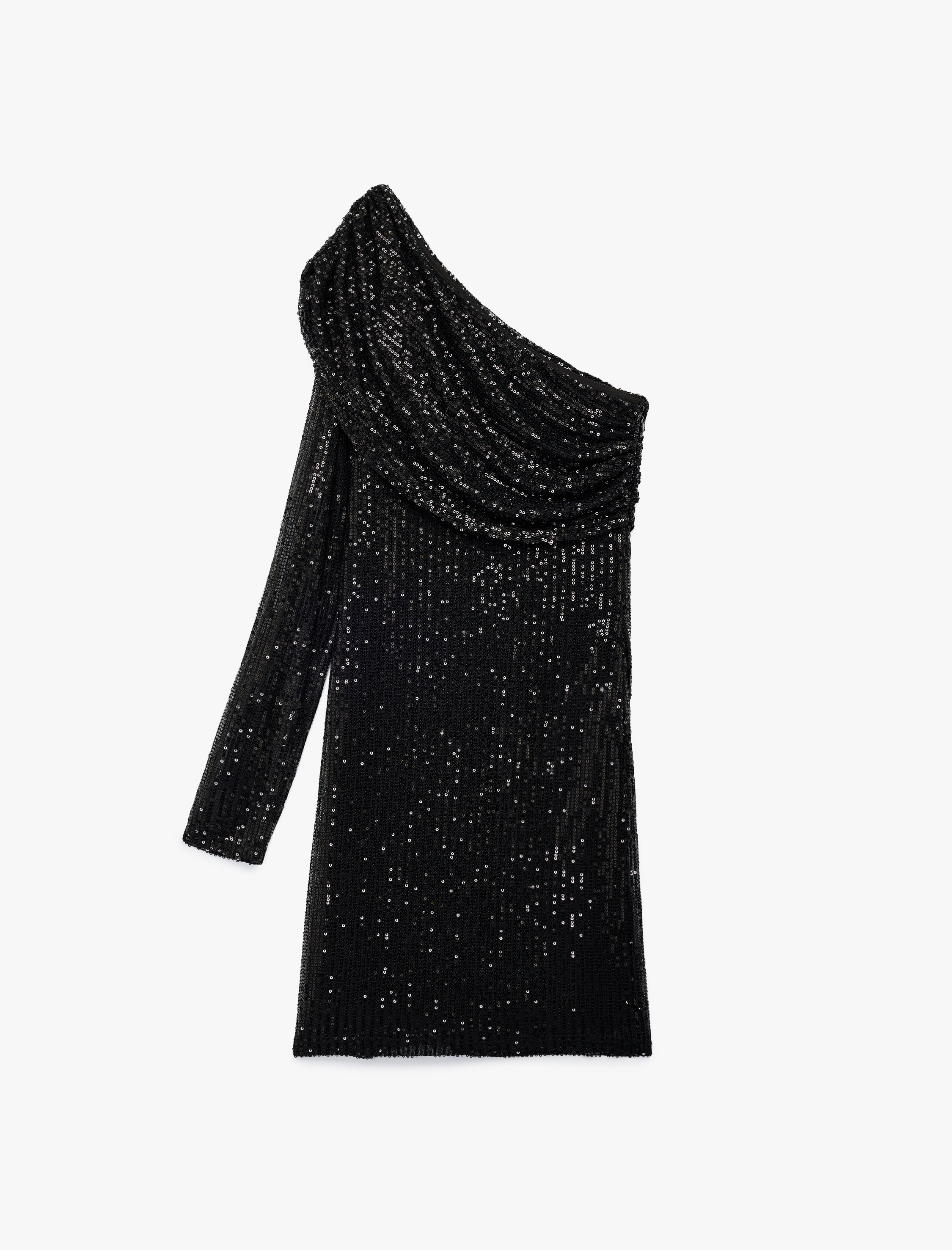   Pullu Payetli Yakası Dökümlü Uzun Kollu Tek Omuz Mini Abiye Elbise