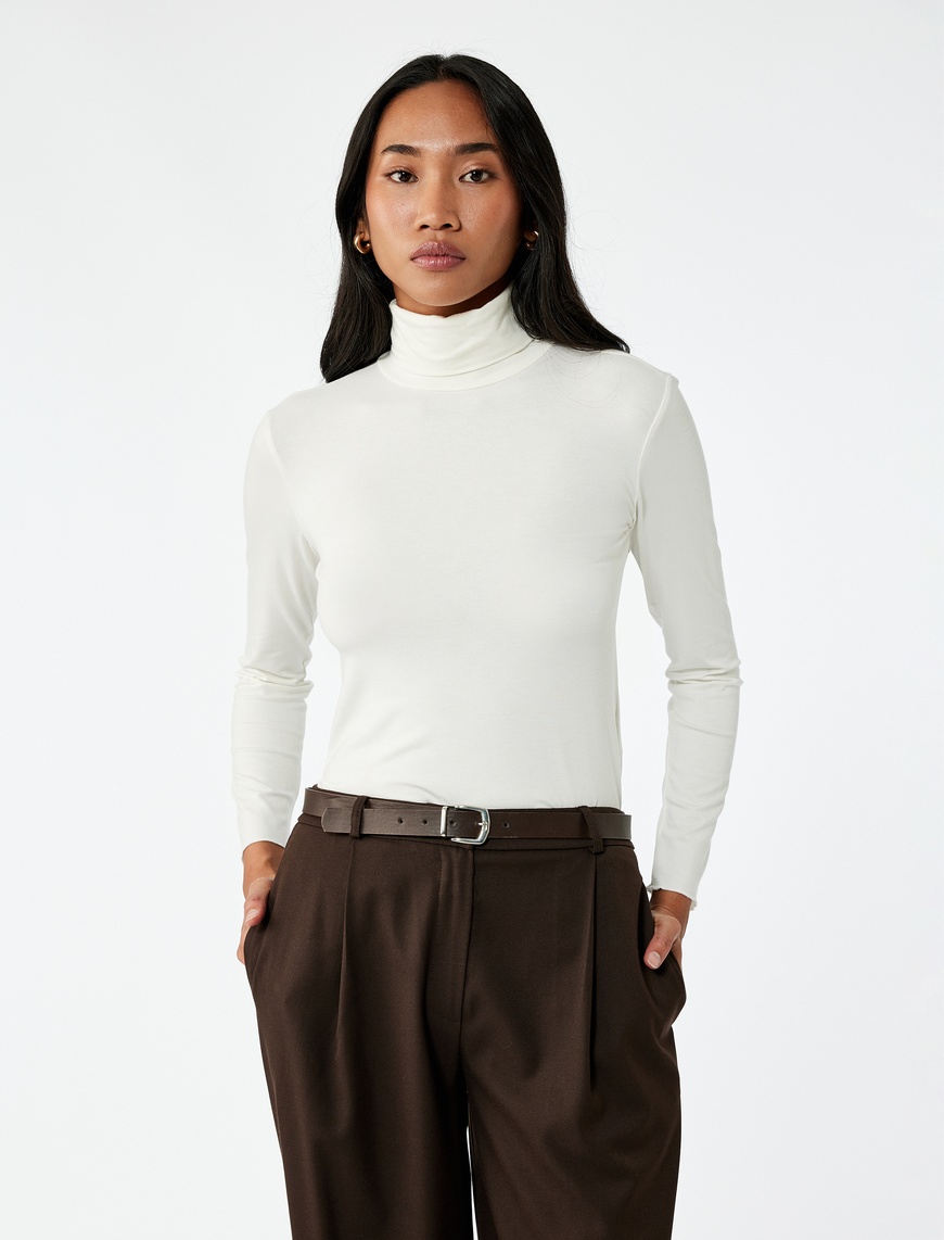   Slim Fit Viskon Kumaş Uzun Kollu Balıkçı Yaka Tişört