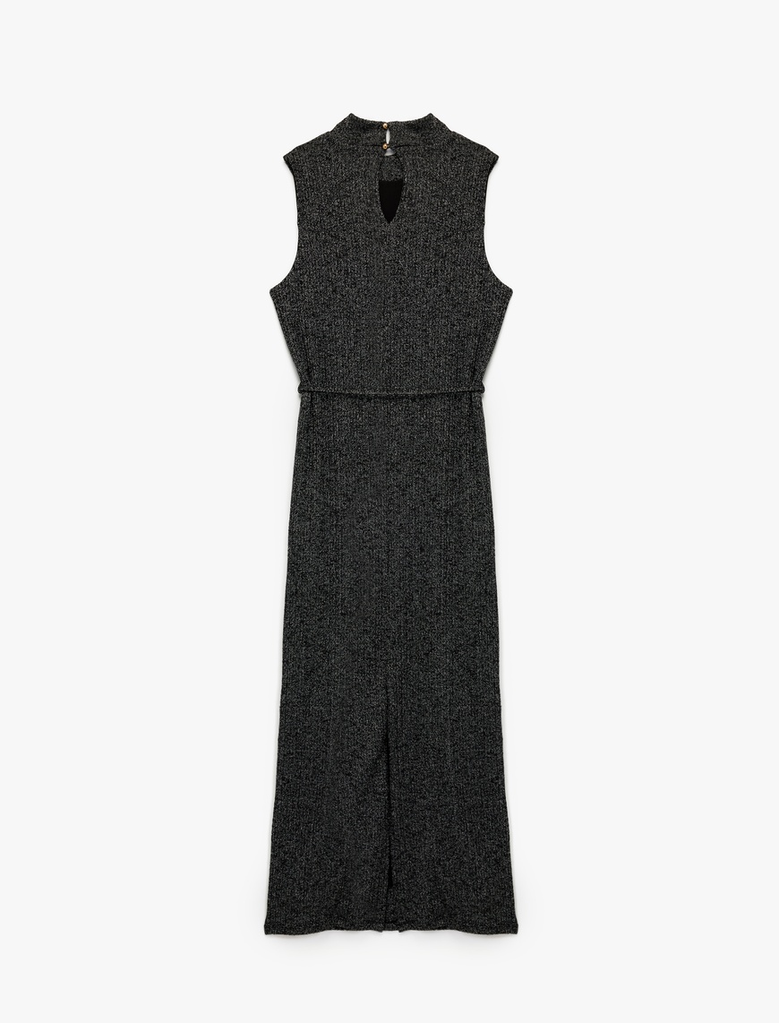   Slim Fit Parıltılı Kemerli Kolsuz Dik Yaka Midi Boy Kalem Elbise