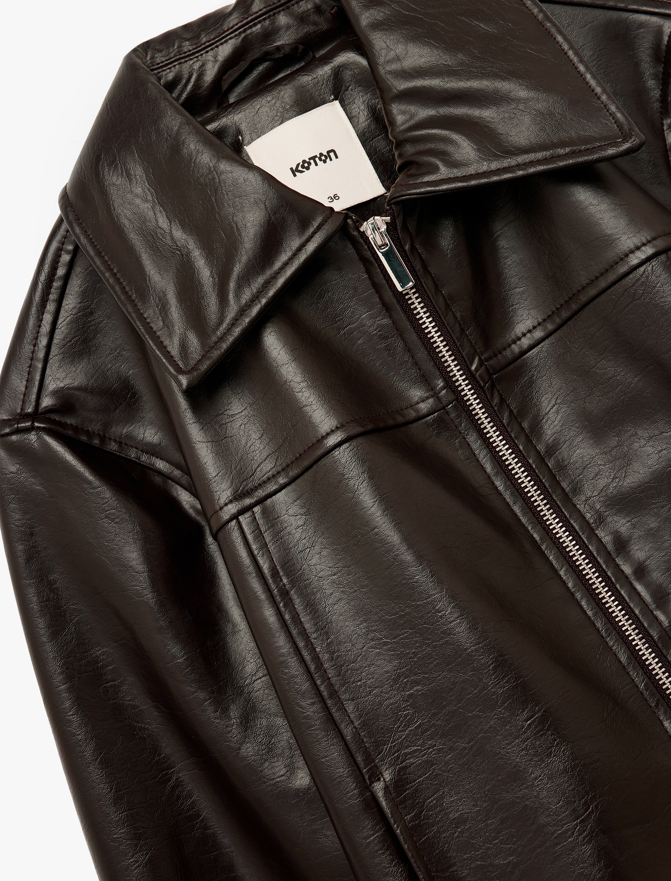   Fermuarlı Uzun Kollu Gömlek Yaka Cepli Crop Suni Deri Ceket