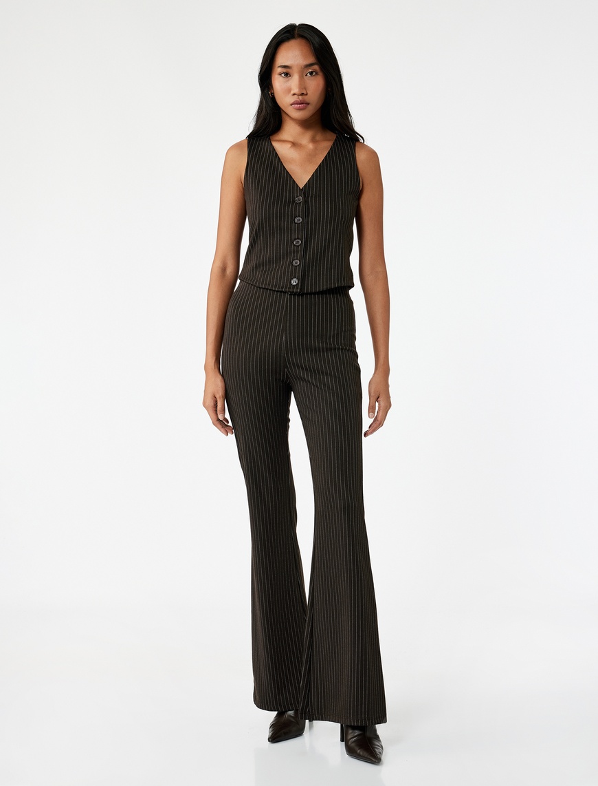   Slim Fit Düğmeli V Yaka Parıltılı Çizgili Yelek