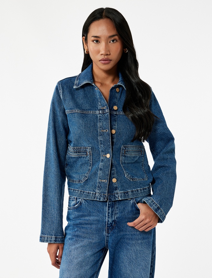  Uzun Kollu Düğmeli Klasik Yaka Denim Ceket