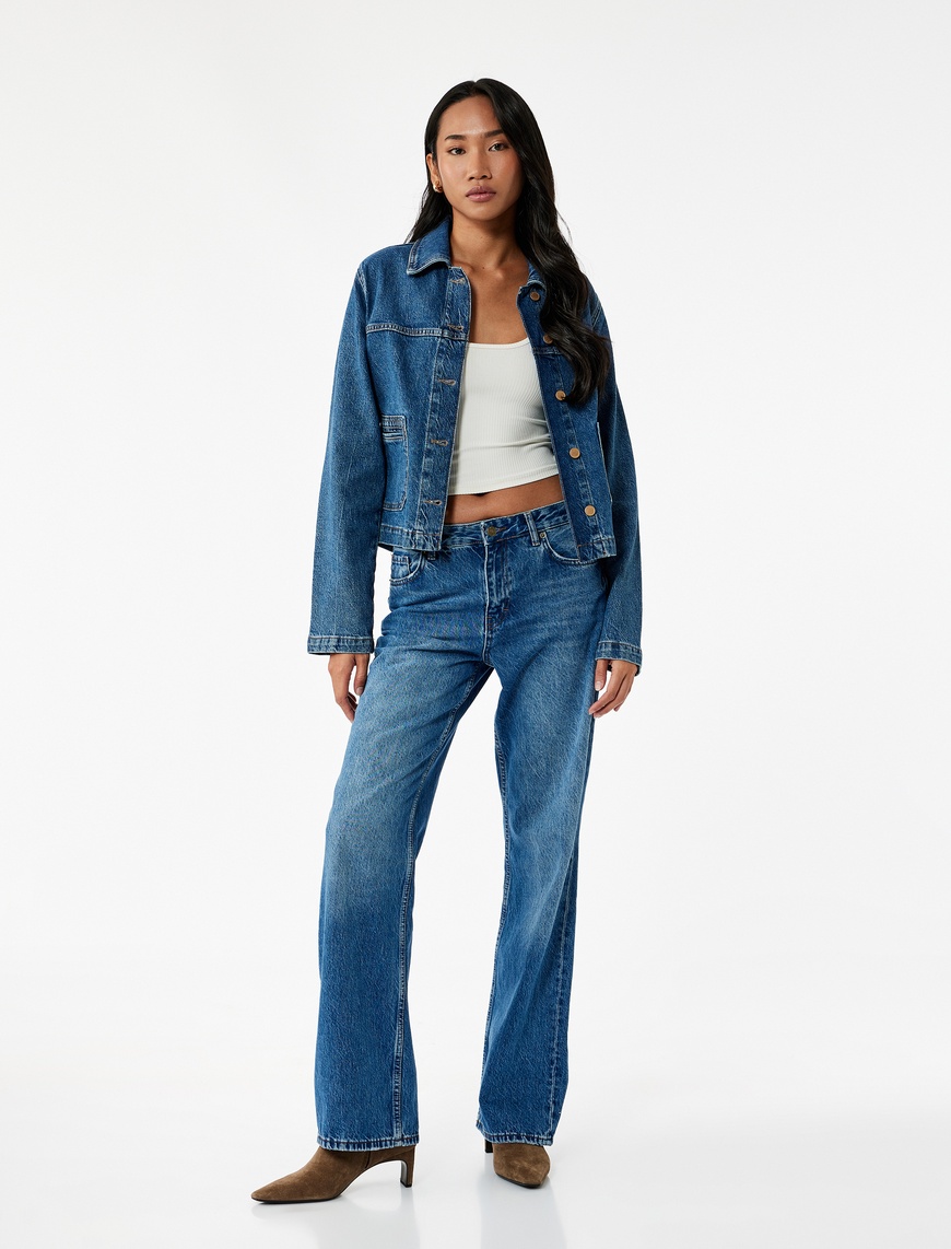   Uzun Kollu Düğmeli Klasik Yaka Denim Ceket