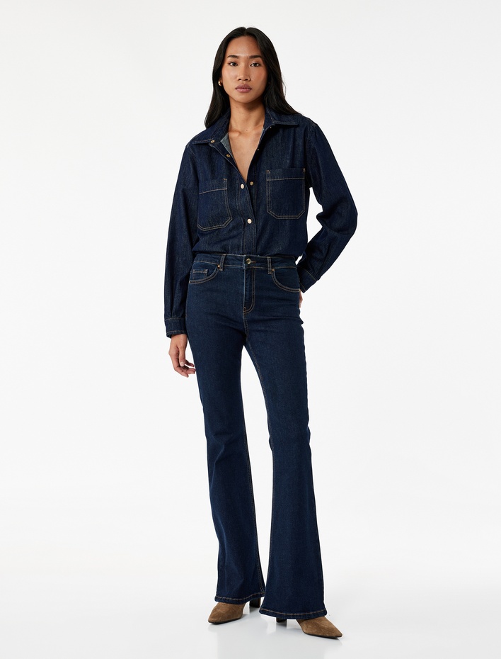 Yüksek Bel Düğmeli Dar Kesim İspanyol Paça Jean Pantolon - Flare Jeans