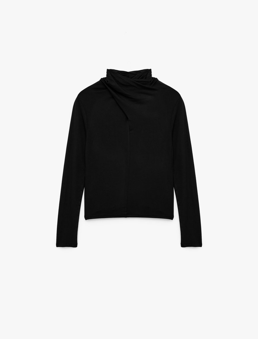   Uzun Kollu Slim Fit Drapeli Dik Yaka Tişört