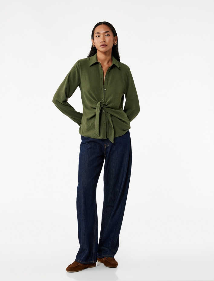  Aerobin Kumaş Önden Bağlama Detaylı Klasik Yaka Uzun Kollu Gömlek