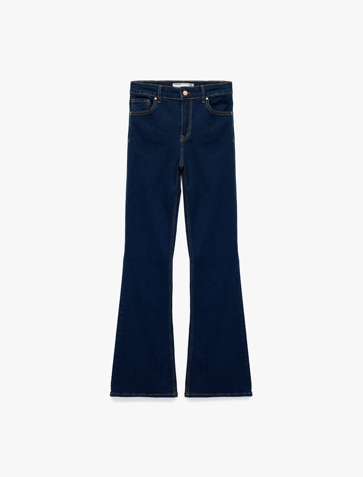 Dar Kalıp Pamuklu Yüksek Bel İspanyol Paça Jean Pantolon - Flare Jeans