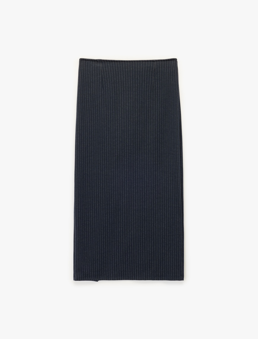   Metal Düğmeli Slim Fit Asimetrik Yırtmaçlı Çizgili Midi Etek