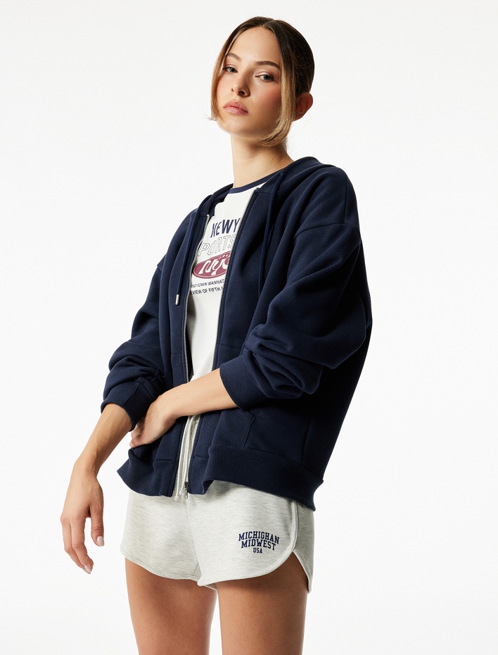  Fermuarlı Kapüşonlu Kanguru Cepli Uzun Kollu Şardonlu Oversize Spor Sweatshirt