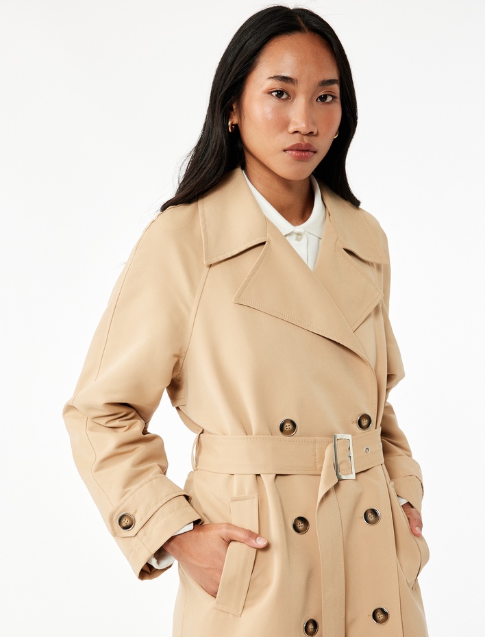  Astarlı Uzun Kollu Cepli Kemerli Kruvaze Trençkot