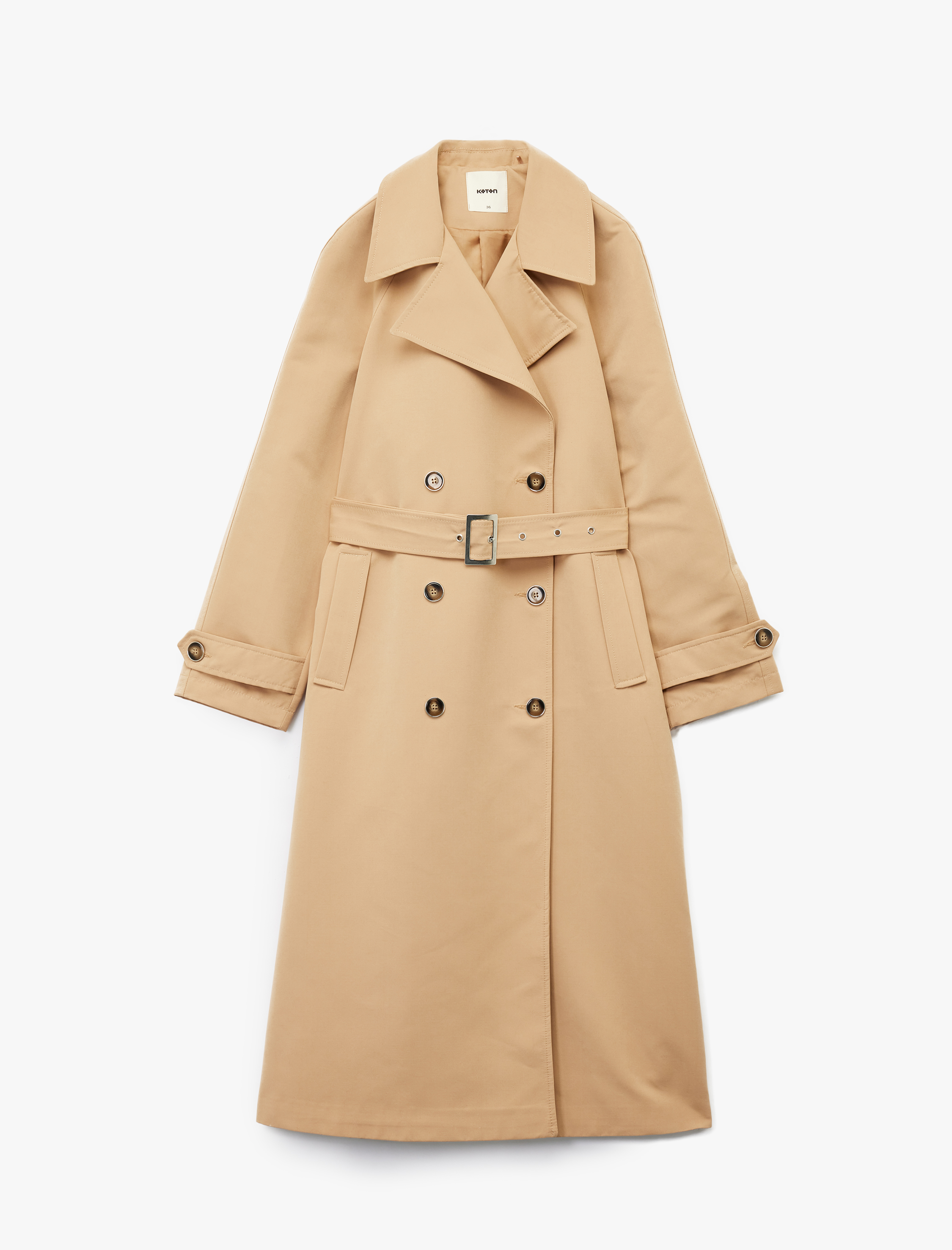   Astarlı Uzun Kollu Cepli Kemerli Kruvaze Trençkot