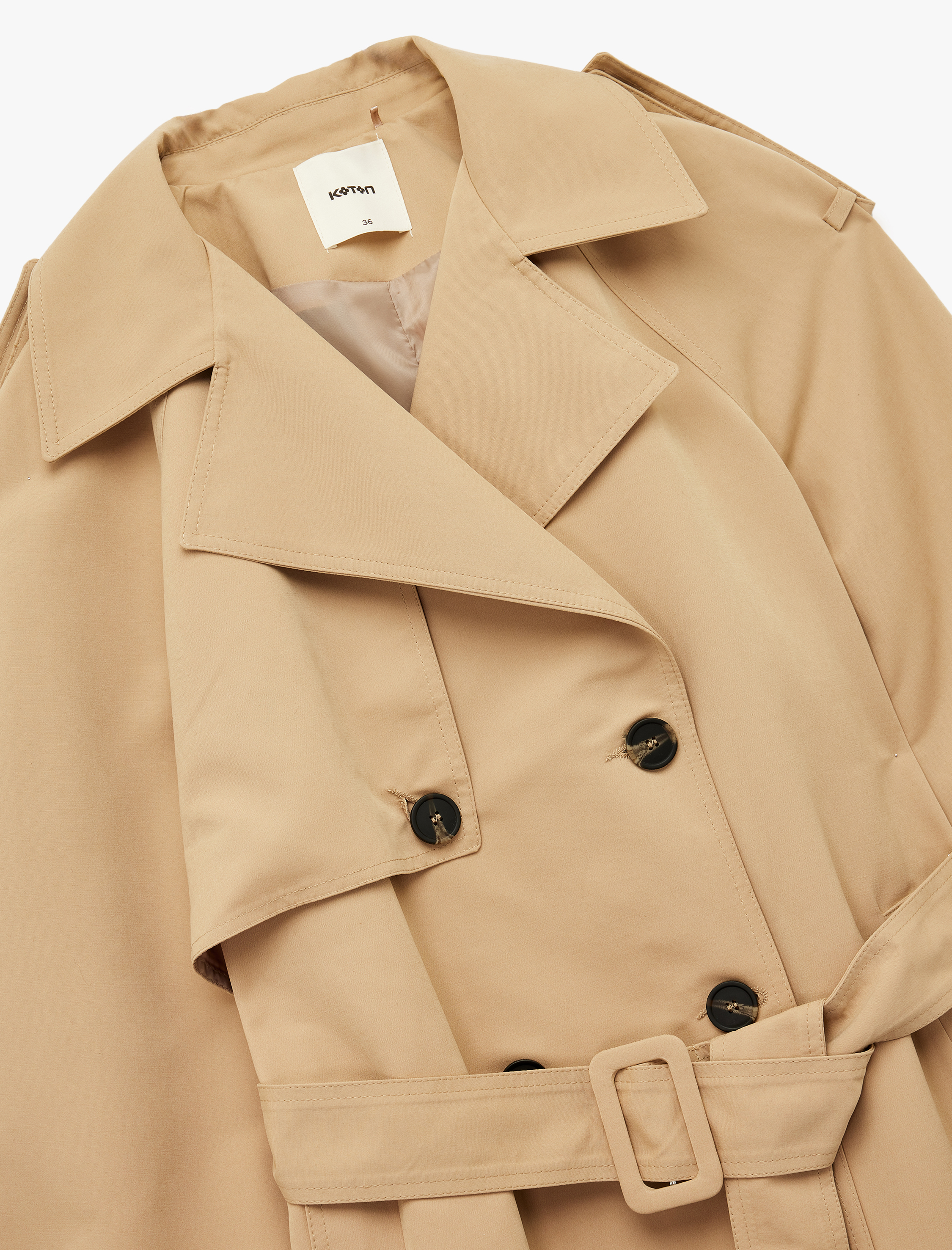   Kruvaze Uzun Kollu Cepli Düğmeli Kemerli Gabardin Trençkot